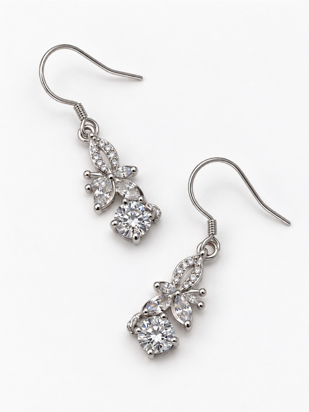 Silver Butterfly Drop Earrings with Clear Crystal Dangles